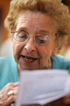(RNS5-FEB17) Mintsy Agin, 89, rehearses for her Bat Mitzvah in the synagogue at Menorah Park in Beachwood, Ohio. Ten women, ages 89 to 96, have the opportunity to finally have this ritual. For use with RNS-BAT-MITZVAH, transmitted Feb. 17, 2009. Religion News Service photo by Lisa DeJong/The Plain Dealer. 