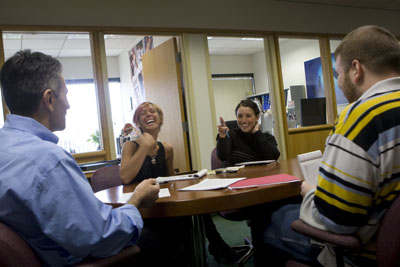 (RNS2-FEB02)  Holding a meeting in their Princeton, N.J., offices are (left to right):  Bill Jemas,  Sarah Miller, Farrah Gross-Maliavsky and Michael Martucc. Jemas, the former president of Marvel Comics,  is now translating the Book of Genesis from its original Hebrew into English. For use with RNS-BIBLE-COMICS, transmitted Feb. 2, 2009. Religion News Service photo by Matt Rainey/The Star-Ledger. 