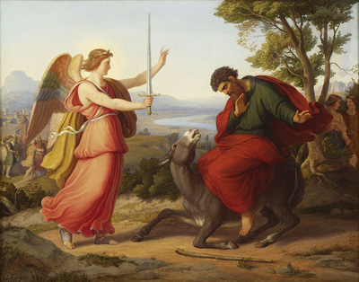 (RNS1-APR03) An 1836 painting by Gustav Jaeger Bileam portrays the prophet Balaam and his talking donkey, whom he beat after the donkey yielded to the angel in its path. For use with RNS-DONKEY-RESCUE, transmitted April 3, 2009. Religion News Service photo. 
