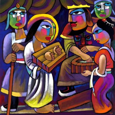 (RNS1-APR02) A painting by Chinese artist He Qi depicts Pontius Pilate (center) and his wife, Claudia, who had warned him not to have anything to do with the accused Jesus, left. For use with RNS-EASTER-CLAUDIA, transmitted April 2, 2009. Religion News Service photo courtesy He Qi. 