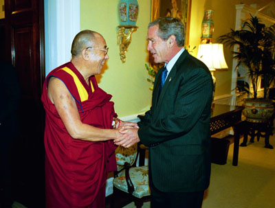 (RNS) President George W. Bush welcomes the Dalai Lama to the White House Wednesday, September 10, 2003. See RNS-BUSH-DALAILAMA, transmitted Sept. 11, 2003. White House Photo by Paul Morse 