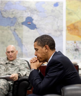(RNS1-MAY13) President Obama meets with General Raymond T. Odierno, Commanding General, Multi-National Force-Iraq, during a visit with U.S. troops at Camp Victory in Baghdad on April 7, 2009. For use with RNS-JUSTWAR-END, transmitted May 13, 2010. White House photo by Pete Souza. 