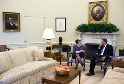 (RNS1-MAY10) President Obama meets with Supreme Court nominee Elena Kagan in the Oval Office. Kagan, who is Jewish, is poised to replace Justice John Paul Stevens as the high court's sole Protestant member. For use with RNS-SCOTUS-PROT, transmitted May 10, 2010. White House photo by Pete Souza. 