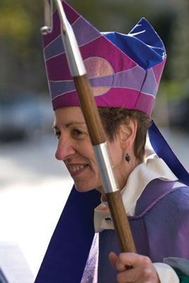 Episcopal Presiding Bishop Katharine Jefferts Schori, seen here at her 2006 installation at Washington National Cathedral, was told to remove her miter (bishop's hat) when she preached at services in London, in part because the Church of England does not allow women bishops. 