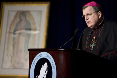 (RNS) Archbishop Raymond Burke shown here delivering the keynote address at the National Catholic Prayer Breakfast in Washington last May, is one of a number of Americans who have risen to the upper echelons of the Vatican hierarchy. Burke is head of the Apostolic Signature, the Vatican's ``Supreme Court.'' Religion News Service file photo by David Jolkovski 
