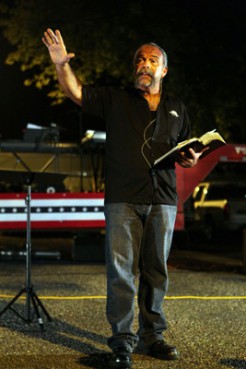 (RNS1-OCT8) The Rev. Sam Childers, who calls himself the Machine Gun Preacher, speaks to a crowd at Grace Community Baptist Church in Trenton, Ill. Childers, former drug dealer and motorcycle gang member, found Jesus during a mission trip to Sudan. For use with RNS-PREACHER-SUDAN, transmitted Oct. 8, 2010. Religion News Service photo by Emily Rasinski/The St. Louis Post-Dispatch. 