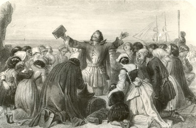 (RNS2-NOV19) Pilgrims kneel in prayer before setting off for the New World, where they would celebrate the first Thanksgiving with native Indians in Plymouth Colony in 1621. For use with RNS-ATHEIST-THANKS, transmitted Nov. 19, 2010. RNS file photo. 