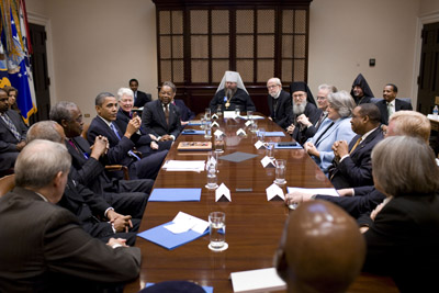 (RNS4-NOV12) President Obama meets with leaders from the National Council of Churches (NCC) in the Roosevelt Room of the White House, Nov. 1, 2010. For use with RNS-OBAMA-MEETING, transmitted Nov. 2, 2010. RNS photo courtesy Pete Souza/The White House. 