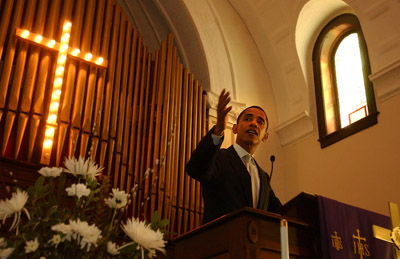 President Obama, shown here at the Brown Chapel AME Church in Selma, Ala., in 2007, invoked the cadence and rhythm of the black church in eulogizing the victims of the shootings in Tucson, Ariz. Religion News Service file photo by Linda Stelter. 