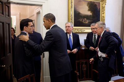 (RNS1-DEC20) President Obama talks with incoming House Majority Leader Eric Cantor, R-Va., and other congressional leaders at the White House. Cantor will be the highest-ranking Jewish member in congressional history. For use with RNS-CANTOR-JEWS, transmitted Dec. 20, 2010. White House photo by Pete Souza. 
