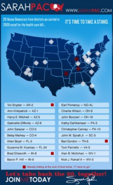 (RNS2-JAN11) Sarah Palin's political action committee included Rep. Gabrielle Gifford's Arizona congressional district among a list of 20 targeted races; her staff now says the marks were intended as surveyor's markings, not gun cross-hairs. Giffords was shot in the head Saturday at a constituent event in Tucson. For use with RNS-SHOOTINGS-CIVILITY, transmitted Jan. 11, 2010. 