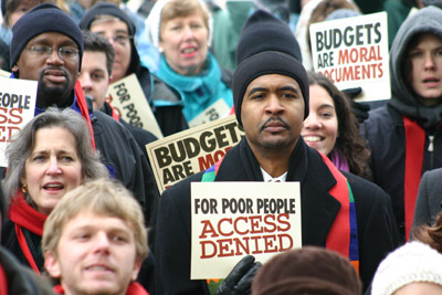 (RNS8-DEC29) Protesters convened by the anti-poverty group Call to Renewal demonstrate 
in 2005 against the budget outside the U.S. Capitol. This year's budget again target impoverished Americans, liberal religions groups say.  See RNS-BUDGET-CUT, transmitted Feb. 22, 2011. Religion News Service photo courtesy of Ryan Beiler/Sojourners. 