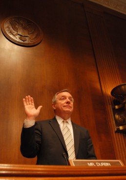 (RNS1-MAR29) Sen. Dick Durbin, D-Ill., swears in witnesses during a March 29 hearing on threats to Muslims' civil rights. For use with RNS-MUSLIM-HEARINGS, transmitted March 29, 2011. Photo courtesy Office of Sen. Dick Durbin. 