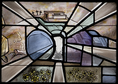 A detail of the empty tomb depicted in a stained glass window at the New York Avenue Presbyterian Church in Washington, D.C. The Temple and the three empty crosses are in the background. Religion News Service photo by David Jolkovski. 