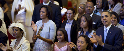 (RNS1-APR28) President Obama, first lady Michelle Obama, and daughters Malia and Sasha attend Easter at Shiloh Baptist Church in Washington, D.C., on  Sunday, April 24, 2011. For use with RNS-GODFACTOR-OBAMA, transmitted April 29, 2011. White House photo by Pete Souza. 