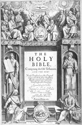 (RNS4-MAY23) The frontispiece to the original 1611 King James Bible shows the Twelve Apostles at the top, with Moses and Aaron flanking the central text. In the four corners are evangelists Matthew, Mark, Luke, and John. For use with RNS-KJV-UNITE, transmitted May 23, 2011. RNS file photo 