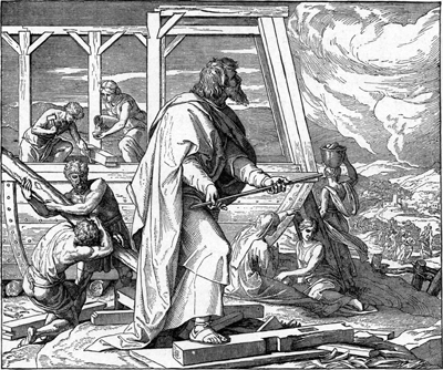 (RNS3-AUG29) Does God use natural disasters to send messages to mankind? Noah (seen here preparing his ark in an image circa 1860 by Julius Schnorr von Carolsfeld), certainly believed so, as do more than six in 10 U.S. evangelicals. For use with RNS-GOD-STORMS, transmitted Aug. 29, 2011. RNS photo. 
