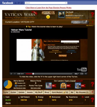 (RNS-AUG11) Screenshot of Vatican Wars, a new Facebook game where players compete to become pope and effect the virtual church's views on things like abortion and women's ordination.  For use with RNS VATICAN GAME.  Transmitted August 11, 2011. 