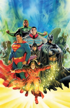 (RNS2-OCT11) The Muslim superheroes in The 99 comic book series (seen here in a crossover issue with DC Comics icons Superman, Batman, The Green Lantern and others)  each represent one of Islam's 99 names for God. For use with RNS-99-COMICS, transmitted Oct. 11, 2011. RNS photo courtesy Teshkeel Media Group. 