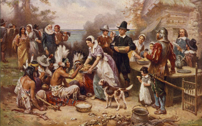 Pilgrims share Thanksgiving with Native Americans in Plymouth Colony in 1621.  RNS file photo courtesy Library of Congress. 