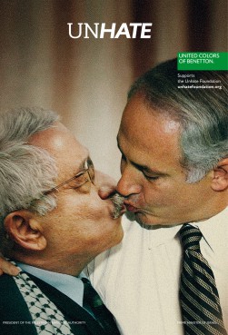 (RNS2-NOV16) A new Benetton ad campaign  features a doctored photo of Israeli Prime Minister Benjamin Netanyahu, right, kissing Palestinian Authority President Mahmoud Abbas. For use with RNS-POPE-KISS, transmitted Nov. 16, 2011. RNS photo courtesy Benetton. 