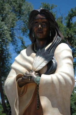 Blessed Kateri Tekakwitha (1656-1680) is honored by the Catholic Church as the patroness of ecology and the environment.  Statue in front of St. Francis Cathedral, Santa Fe, New Mexico. RNS photo by Rene Shaw. 