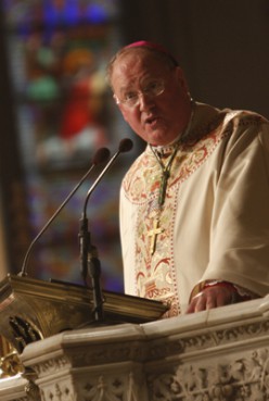 (RNS) Archbishop Timothy M. Dolan of New York, president of the U.S. Conference of Catholic Bishops, is increasingly at odds with the Obama administration over several policies. Religion News Service file photo by Gregory A. Shemitz. 