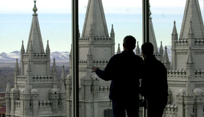 Michael Patrick and Eduardo Martins, both members of the Church of Jesus 
Christ of Latter-day Saints, observe Temple Square from an observation deck in Salt Lake City, 

  