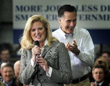 Ann Romney joined her husband Mitt on stage during campaign appearance Monday morning at Byrne Electrical Specialists in Rockford, Mich. 