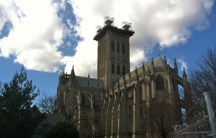 Scaffolding now crowns the central tower of Washington National Cathedral, which was heavily damaged by a rare East Coast earthquake in August 2012.  