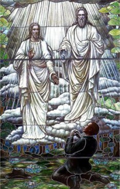Mormons believe Joseph Smith received personal revelations from Jesus Christ and God the Father -- two separate beings in Mormon theology -- as seen in this stained glass window.  