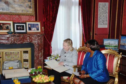 U.S. Secretary of State Hillary Rodham Clinton meets with Ambassador-At-Large for International Religious Freedom Suzan Johnson Cook in Istanbul, Turkey, on July 15, 2011. 