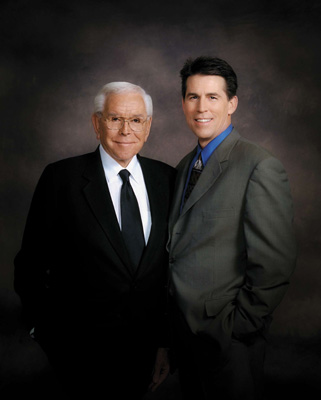Crystal Cathedral founder Robert H. Schuller, left, with his son, Robert A. Schuller. Religion News Service photo courtesy Crystal Cathedral 