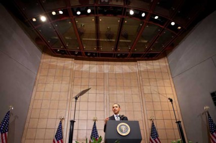 President Obama tours the Permanent Exhibition with Elie Wiesel and delivers remarks commemorating the Holocaust and announcing a new genocide prevention initiative on April 23, 2012. 