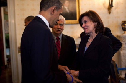 President Obama speaks with Vicki Kennedy, wife of the late Sen. Ted Kennedy, in the Blue Room of the White House prior to signing the health insurance reform bill on March 23, 2010. 