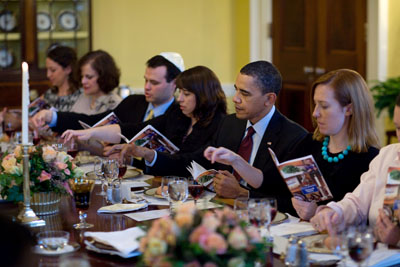 President Barack Obama and the first family mark the beginning of Passover with a Seder with friends and staff in the Old Family Dining Room of the White House, March 29, 2010.  Photo courtesy of Pete Souza/The White House.