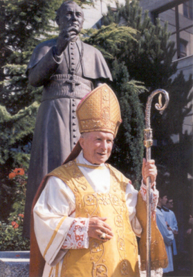 The late Archbishop Marcel Lefebvre, seen here in 1988, founded the Society of St. Pius X, which the Catholic Church considers "schismatic." He is seen at the Econe seminary in Switzerland; the statue behind him is of St. Pius X. 