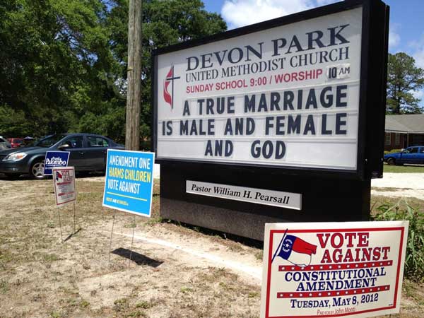 Devon Park United Methodist sign supporting the amendment on election day, as the church doubled as a polling place for that neighborhood. RNS photo by Amanda Greene