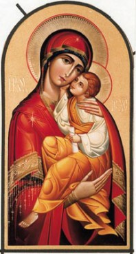 A Greek icon of Theotokos depicts the Virgin Mary and the child Jesus. 