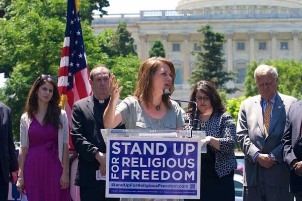 To many evangelicals, such as U.S. Rep Michele Bachmann, shown here at a 2012 rally legal battle over the contraception mandate in the Affordable Care Act was a test of religious liberty. RNS photo by Chris Lisee