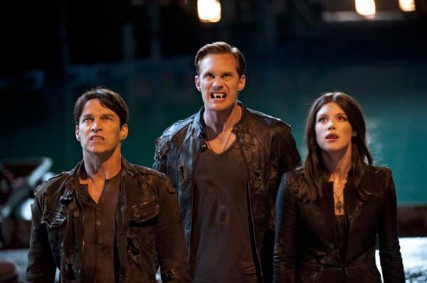 TRUE BLOOD episode 49 (season 5, episode 1): Stephen Moyer, Alexander Skarsgard, Lucy Griffiths.  On HBO’s ``True Blood,’’ politics is literally a bloody business. The show’s fifth season, which coincides with a U.S. presidential campaign, returns Sunday. 