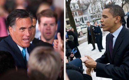 (Left) Governor Mitt Romney during a campaign stop in Philadelphia. (Right) Obama greets friends and neighbors as he arrives to vote at his polling place in Kenwood. 
