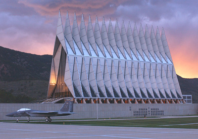 (2005) Conjuring images of fighter jets aimed skyward, the chapel at the Air Force 
Academy in Colorado Springs, Colo., has been hailed as an example of expressionist modern architecture.  