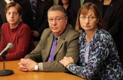 Joseph and Jane Clementi, parents of Tyler Clementi; (right); and their son, James; are seen during a press conference where they read a statment following the verdict in the trial of Dharun Ravi, held in Middlesex Superior Court in New Brunswick. (3/16/2012) 