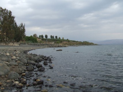 A view from the shore of the Sea of Galilee.   