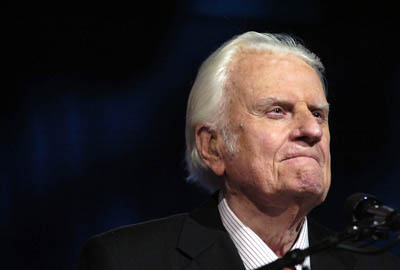 Evangelist Billy Graham preaches to a crowd of more than 17,000 people at 
the New Orleans Arena during the ``Celebration of Hope'' hosted by the Billy Graham Evangelistic Association and Samaritan's Purse Sunday, March 12, 2006.  RNS file photo