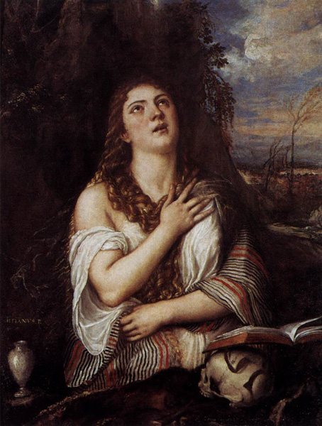 An oil on canvas portrait of St. Mary Magdalene. 
