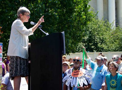 Sister Simone Campbell addresses an audience Monday July 2, 2012 to concluded the Nuns on the Bus tour. 