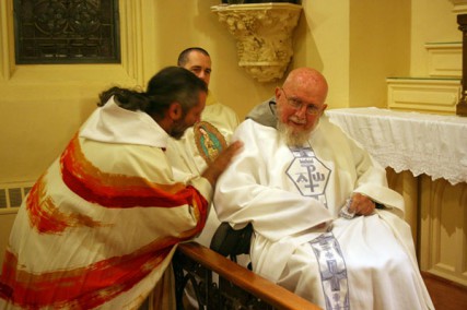 The Rev. Benedict Groeschel (seated), a Franciscan friar from New York, said that priests who abuse children ``on their first offense'' should not go to jail. Photo taken at Friars St. Adalbert's in the South Bronx - 2011. 