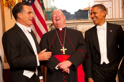 Cardinal Timothy Dolan of New York joins Mitt Romney and President Obama at the 2012 Alfred E. Smith Memorial Foundation Dinner. 